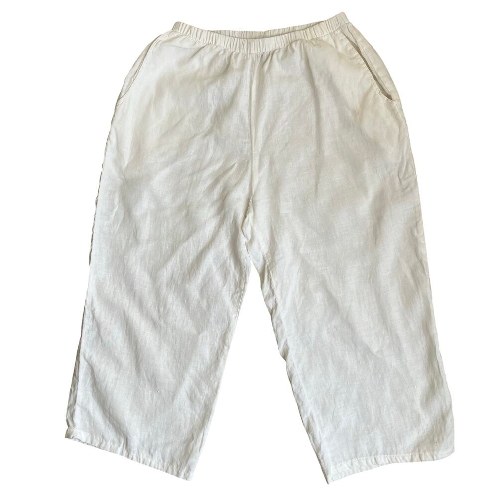 Flax Sz S White 100% Linen Cropped Straight Leg Floods Pants Elastic Waist